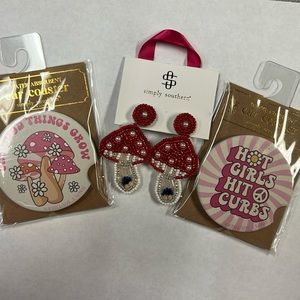 Simply Southern mushroom earrings with 2 water absorbent car coasters NEW